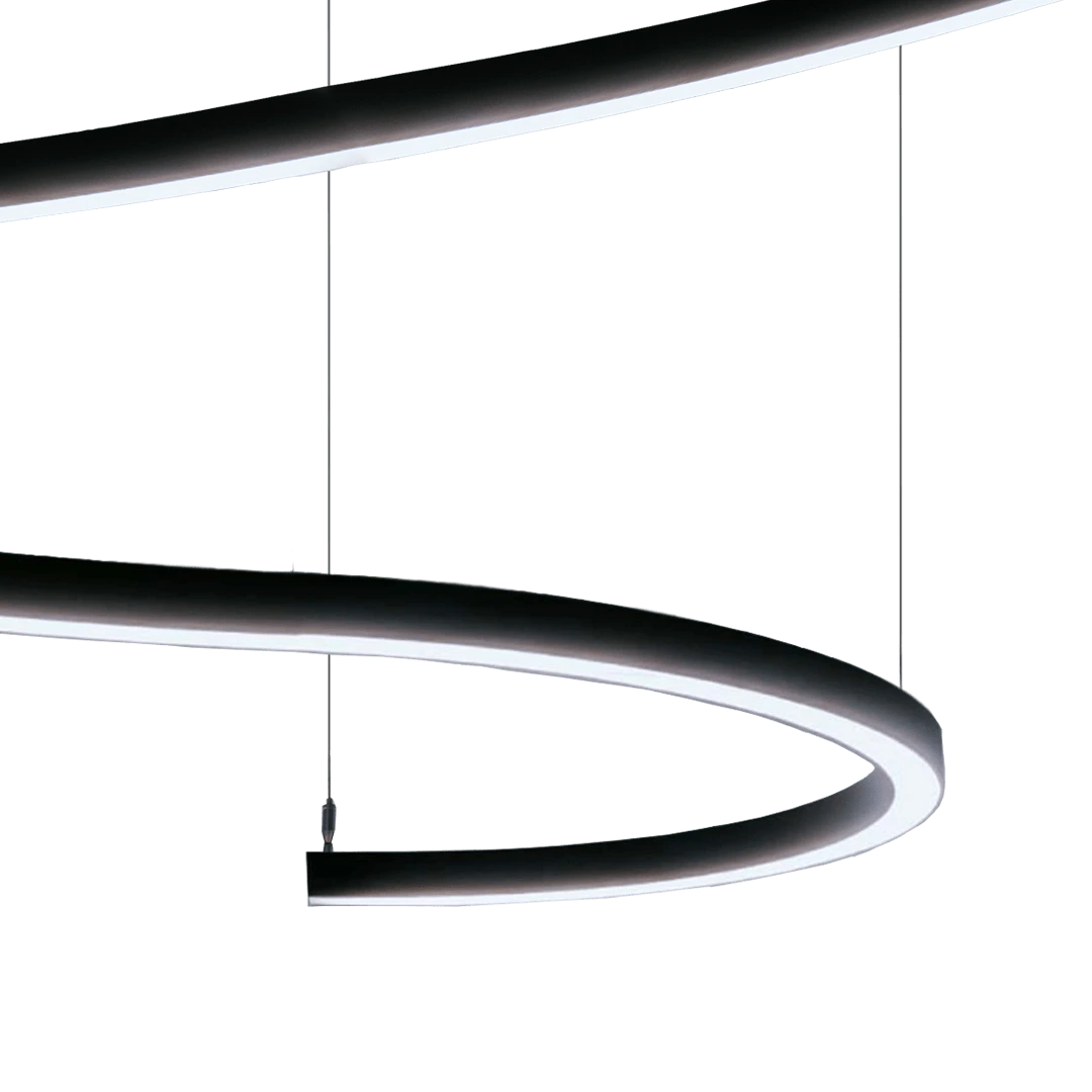 A suspended wavy architectural LED ceiling light in black.