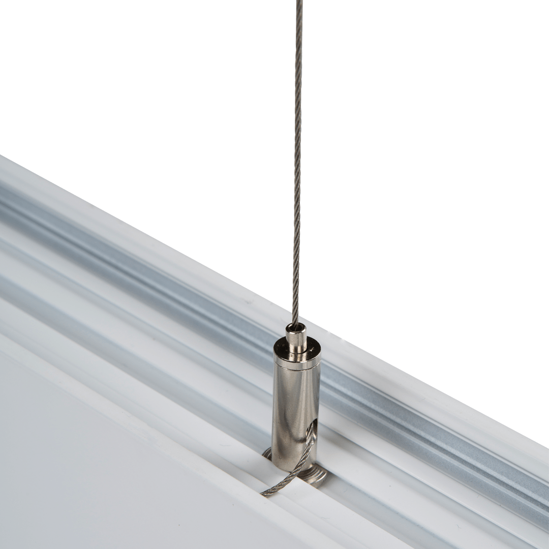 Close up of the suspension of the LED linear ceiling fitting.