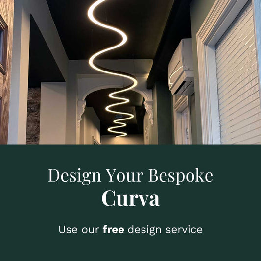 A bespoke curved lighting service. 'Design Your Bespoke Curva. Use our free design service'.