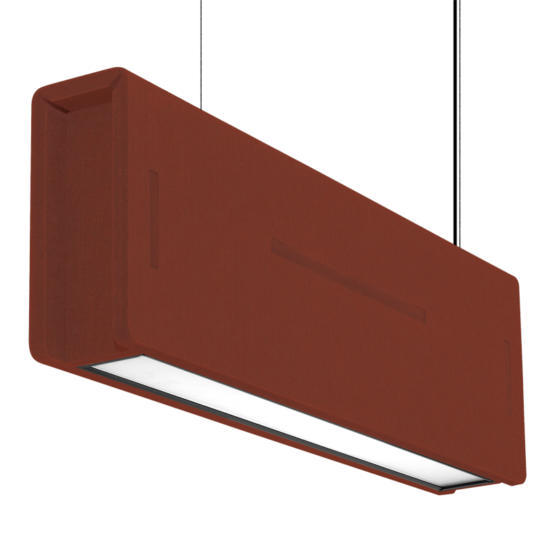 A dark red acoustic ceiling baffle led-light.