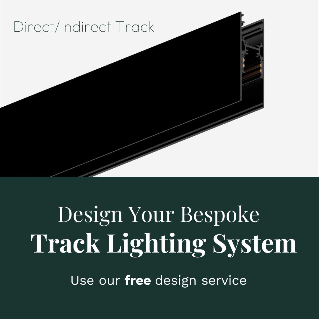 Direct and Indirect lighting track for the Embelia light system. 'Design your own bespoke track lighting system. Use our free design service'.