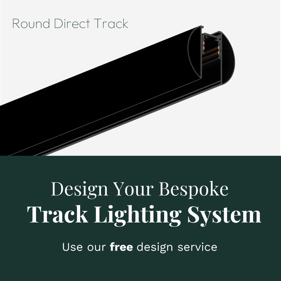Round direct lighting track for the Embelia light system. 'Design your own bespoke track lighting system. Use our free design service'.