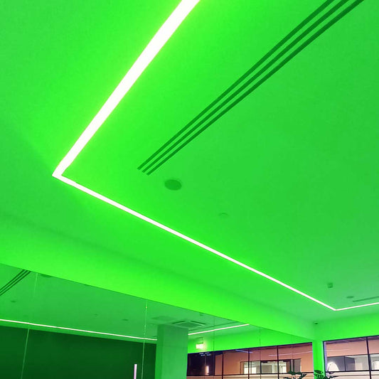 Gym custom colour lighting in green.