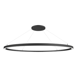A large suspended black halo ceiling light fitting with downwards lighting.