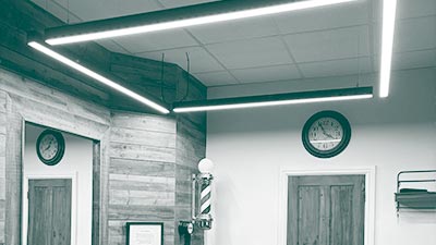 A square lighting design within a barbers.