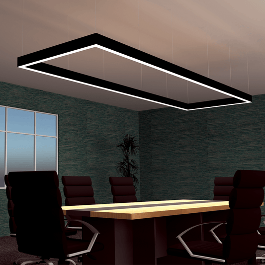 A boardroom with a large EstreRa Pro LED suspended rectangular Linear Light in black instaRed.