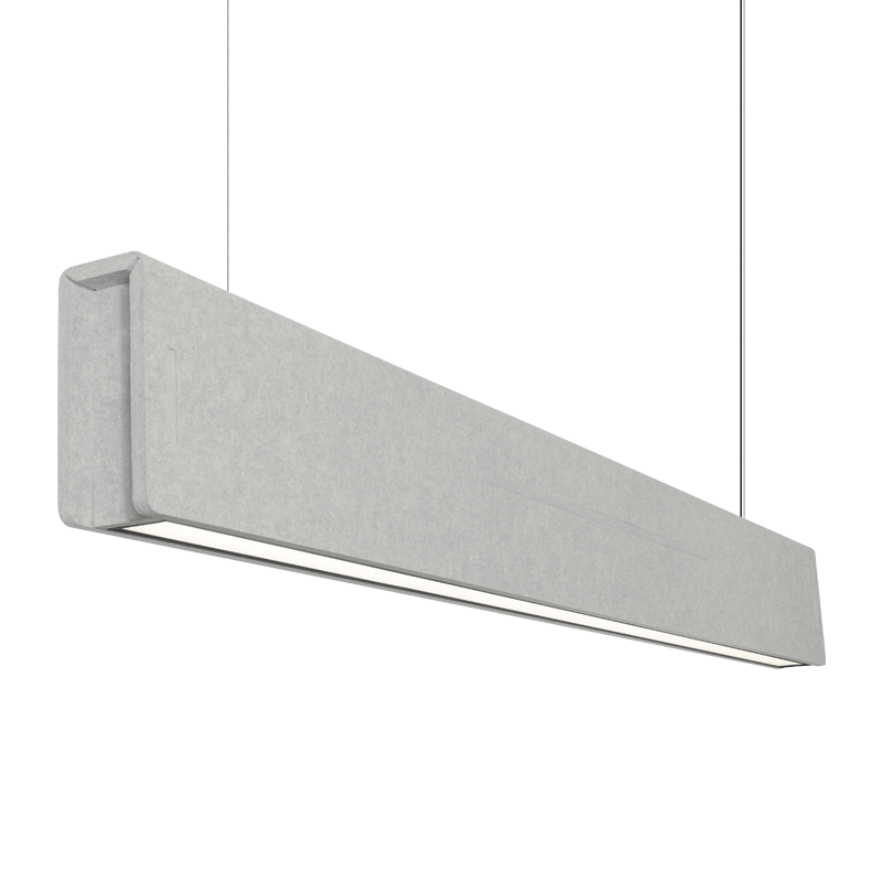 A long suspended light grey acoustic baffle led ideal for commercial lighting.