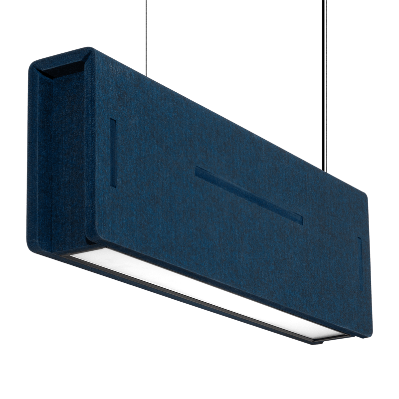 A suspended navy blue acoustic baffle led ideal for commercial lighting.