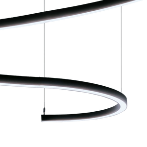 A suspended wavy architectural LED ceiling light in black.