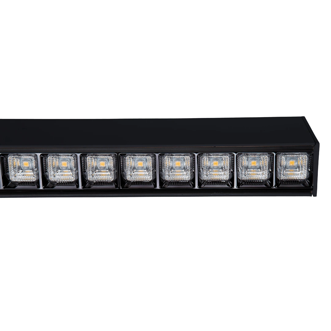 Close up of square optics in a black linear led light.