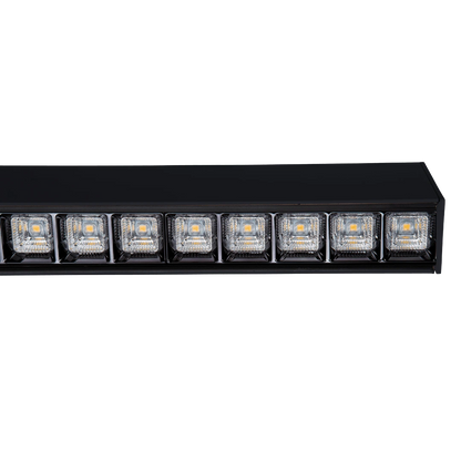 Close up of square optics in a black linear led light.