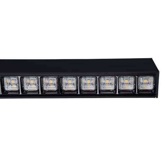 Close up of square optics in a black linear led light.