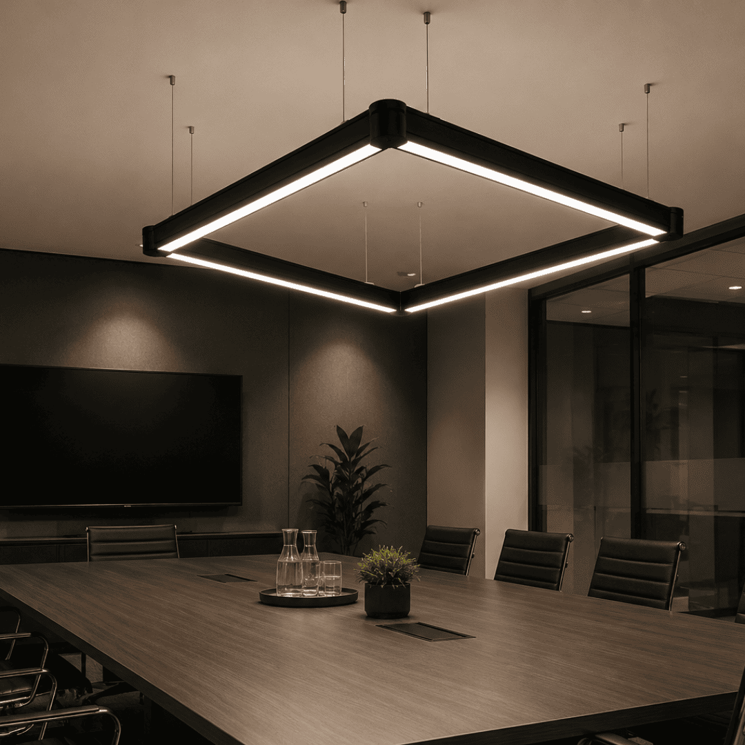 A modern black square LED underlight ceiling fixture suspended in a dark, minimalist conference room with a long wooden table and chairs.