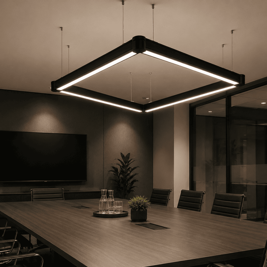 A modern black square LED underlight ceiling fixture suspended in a dark, minimalist conference room with a long wooden table and chairs.