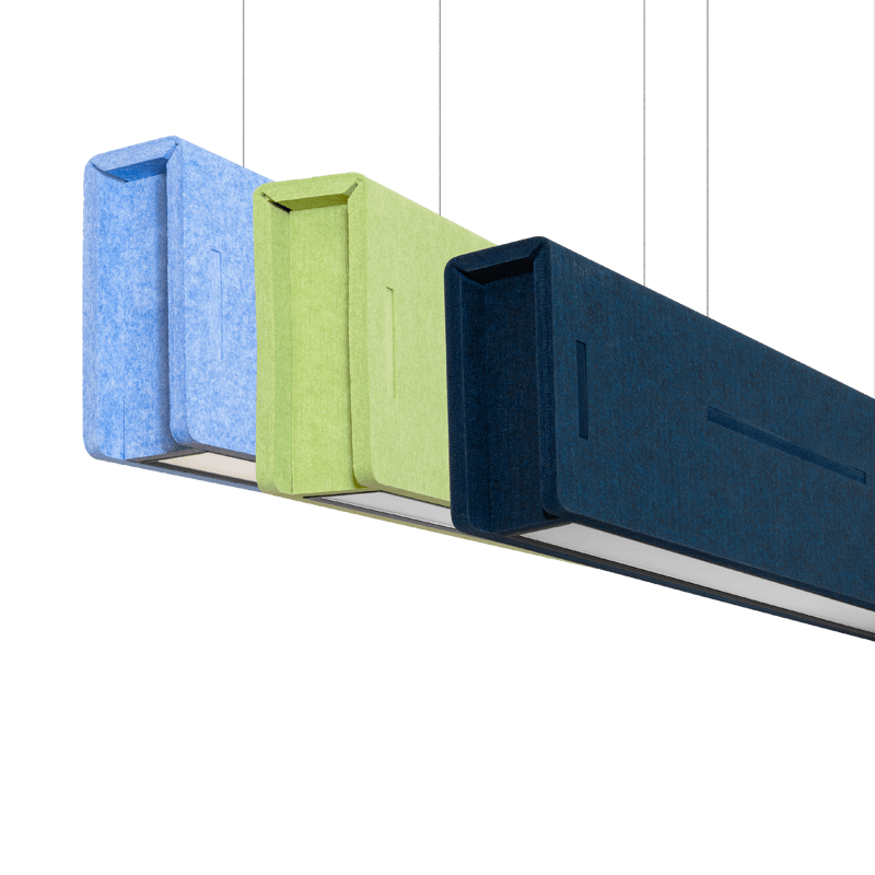 Acoustic suspended linear pendant lights available in multiple colours. Light blue, dark blue and light green are shown here.