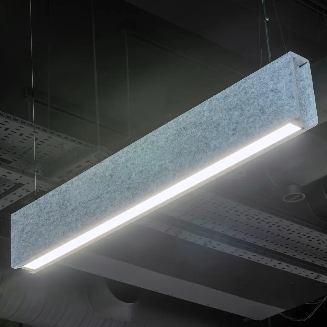 Acoustic baffle ceiling lighting in light grey.