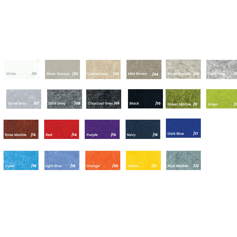 Colour options available for the acoustic pendant baffle light. Colours range from neutrals to bright colours.