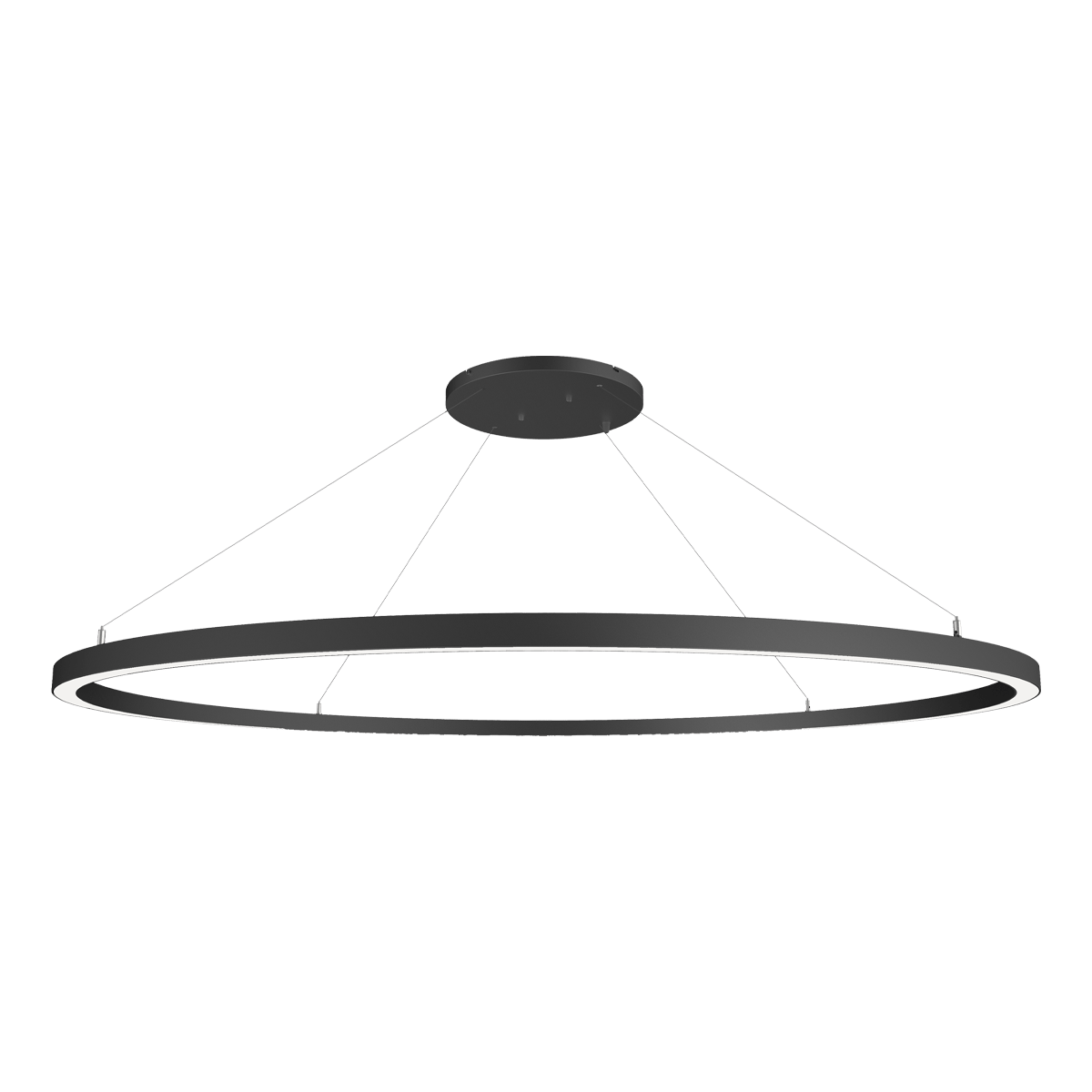 A large suspended black halo ceiling light fitting with downwards lighting.