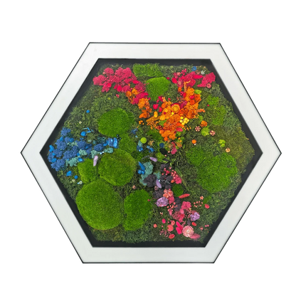 Detailed view of preserved floral green moss in Hexa biophilic LED light custom fixture