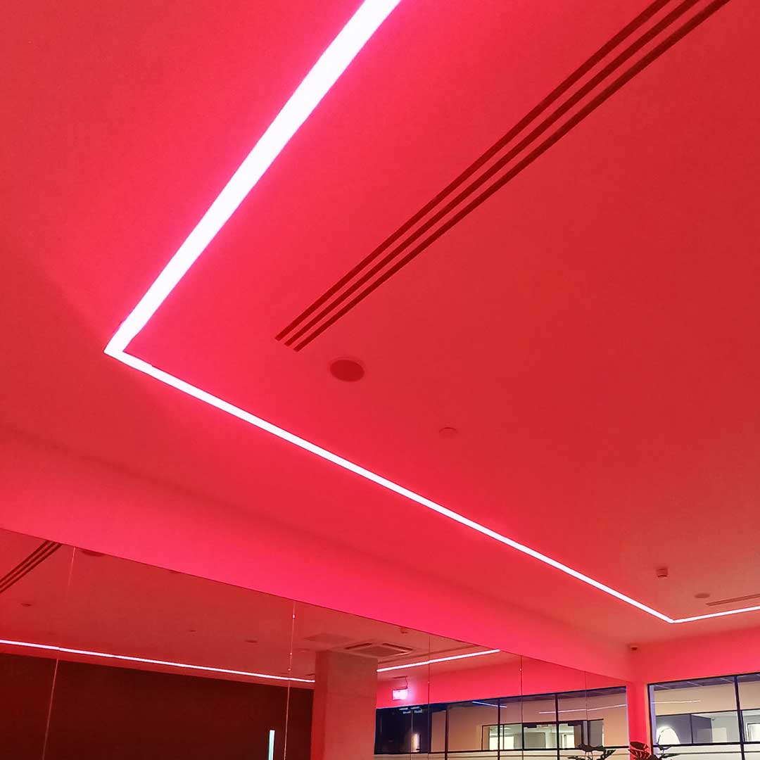 Gym custom colour lighting in red.