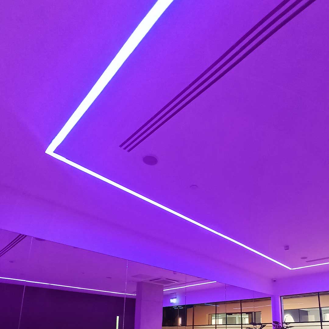 Gym custom colour lighting in purple.