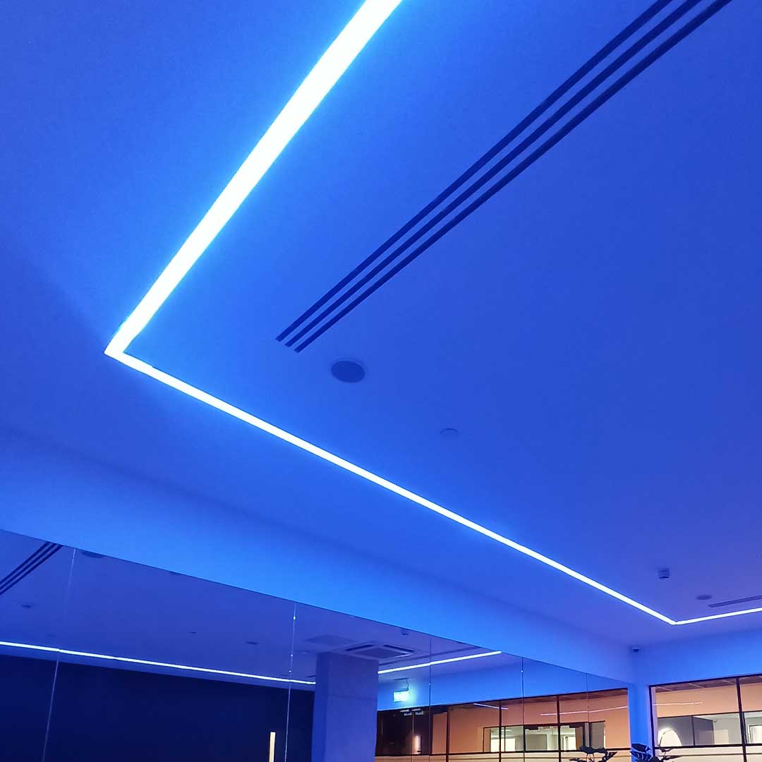 Gym custom colour lighting in blue.