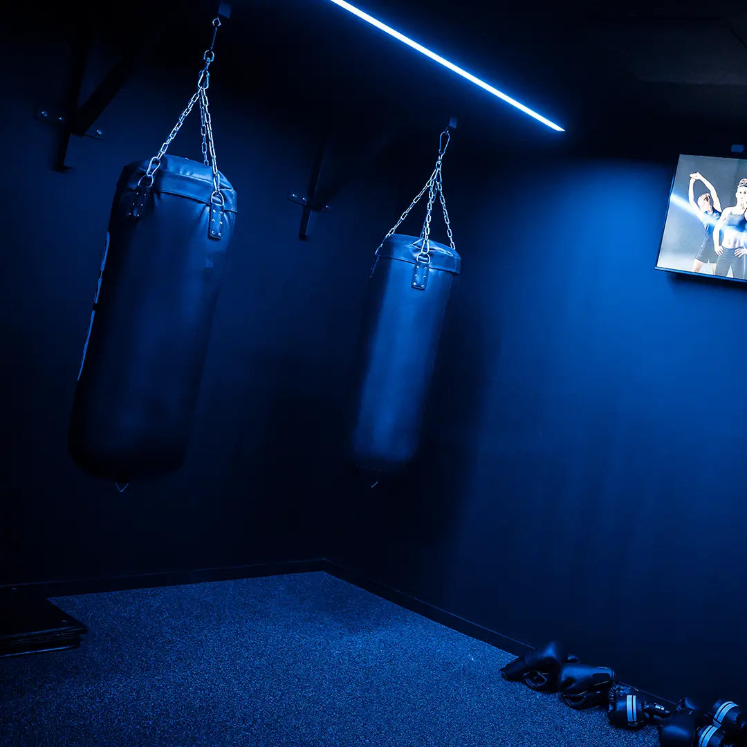 Two punching bags hanging in a dark room with RGB lights set to blue above them.