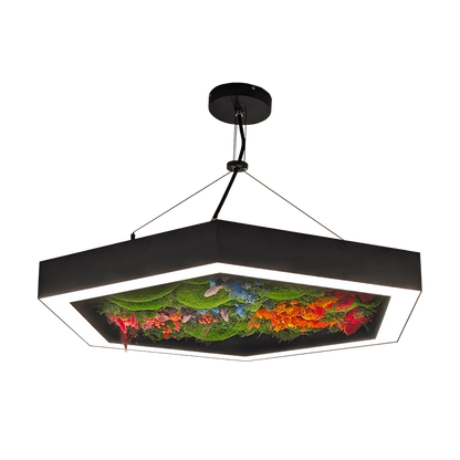 Hexagonal suspended biophilic LED pendant light with preserved moss for commercial interiors