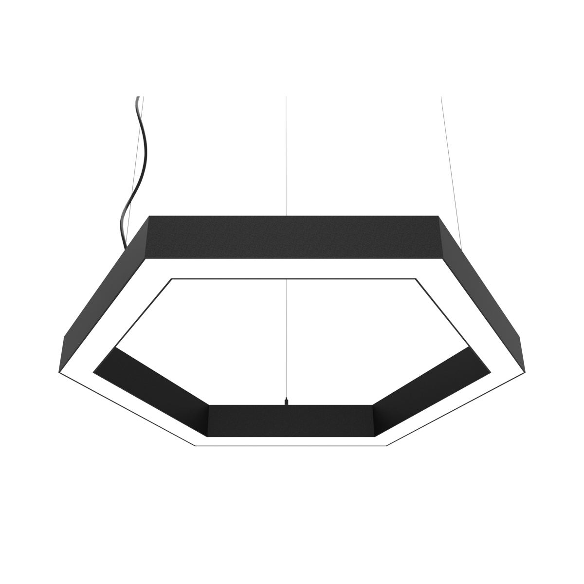 Architectural hexagon led pendant light with opal polycarbonate diffuser.