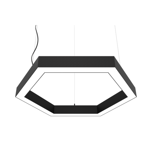 Architectural hexagon led pendant light with opal polycarbonate diffuser.