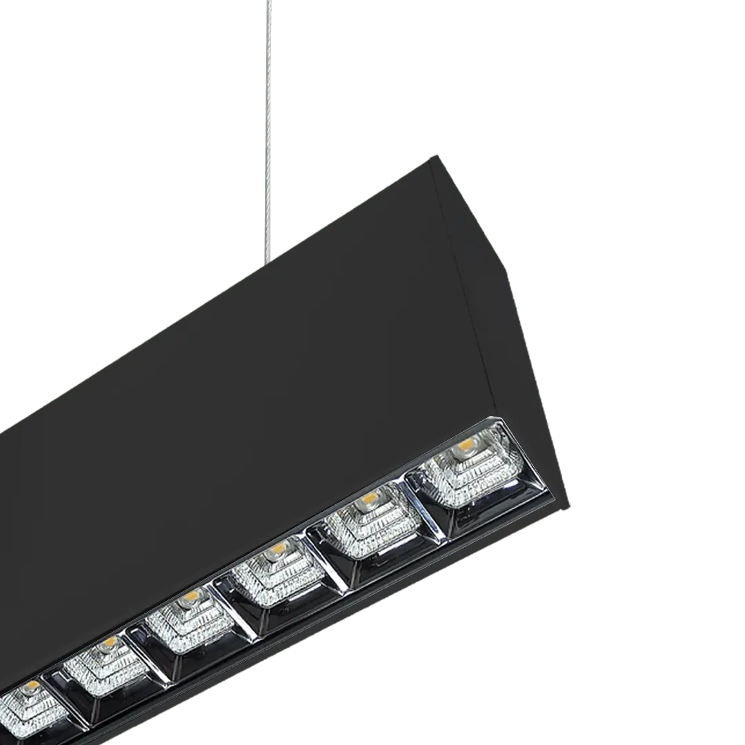 Close-up of square optics on PROLine linear LED suspended light showing glare-control cells