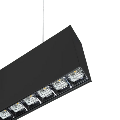 Close-up of square optics on PROLine linear LED suspended light showing glare-control cells