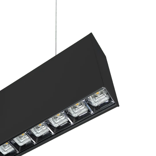 Close-up of square optics on PROLine linear LED suspended light showing glare-control cells